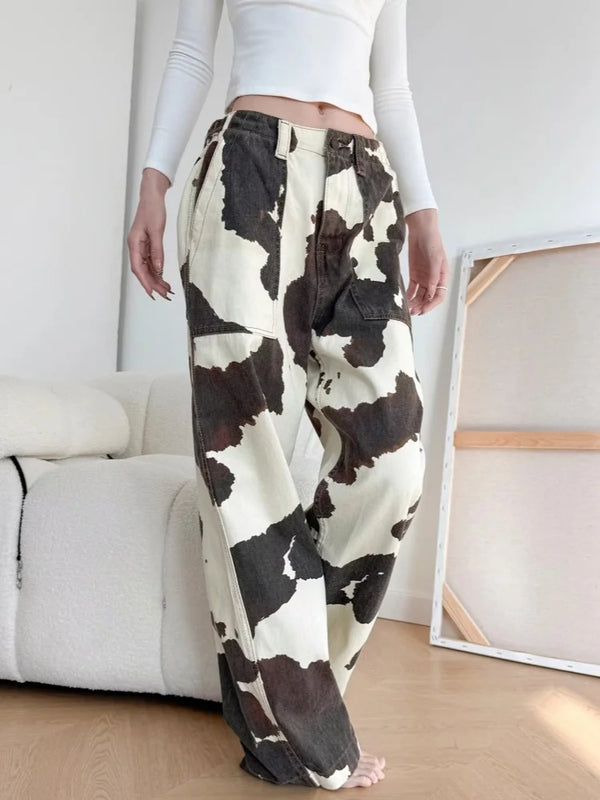 Ropa Y2K Fashion Cow Pattern Baggy Jeans Pants for Women Casual Trousers